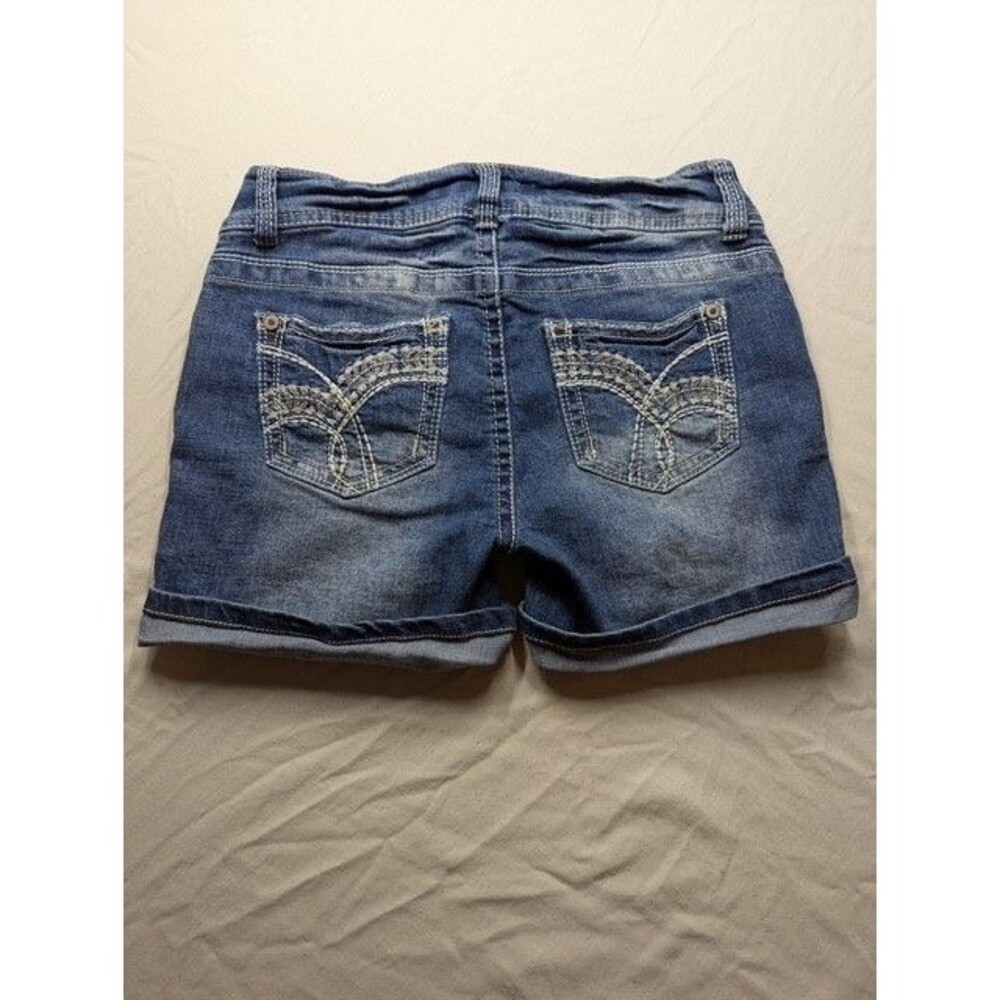 WallFlower Juniors Size 3 Denim Shorts Y2K Embroidered Pockets Stretch Cuffed